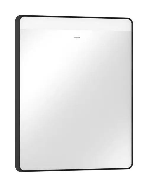 Spiegel mit klarer Oberfläche und schwarzem Rahmen, ausgestattet mit horizontaler LED-Beleuchtung. Design von Hansgrohe, geeignet für die Wandmontage.